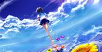  barefoot cloud day flower from_behind haru_no_ashioto highres potion_lilac reflection ripples running salt_flats school_uniform serafuku short_hair sky solo sunflower walking walking_on_liquid water 