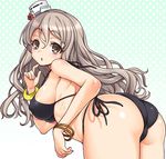 ass bangle bent_over bikini black_bikini blush bracelet breasts brown_eyes grey_hair hair_between_eyes hat jewelry kantai_collection large_breasts long_hair looking_at_viewer mini_hat open_mouth pola_(kantai_collection) polka_dot polka_dot_background solo swimsuit tilted_headwear uousa-ou wavy_hair 