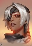  ana_(overwatch) braid brown_eyes brown_lipstick dark_skin eyelashes eyepatch facial_mark facial_tattoo headband lips lipstick long_hair looking_at_viewer makeup mascara nose overwatch parted_lips portrait signature single_braid solo tattoo teeth white_hair xiaoguimist younger 