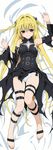  absurdres armpits bare_shoulders barefoot bed_sheet blonde_hair breasts cleavage_cutout dakimakura detached_sleeves dress from_above full_body hair_ornament highres huge_filesize konjiki_no_yami long_hair panties red_eyes small_breasts solo star_cutout to_love-ru to_love-ru_darkness torn_clothes torn_dress torn_sleeves underwear white_panties 
