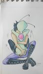  2016 alien anal anal_penetration antennae backpack black_hair boots butt butt_grab clothing cowgirl_position dib duo embrace footwear green_skin hair hand_on_butt human interspecies invader_zim irken male male/male mammal on_top pants penetration penis sex signature simple_background space-tanuki_(artist) traditional_media_(artwork) white_background zim 