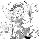  american_flag_legwear american_flag_shirt closed_eyes clownpiece genderswap genderswap_(ftm) greyscale grin hat jester_cap kishin_sagume monochrome multiple_boys open_mouth shikushiku_(amamori_weekly) single_wing sitting sitting_on_person smile sweat torch touhou translated wings 