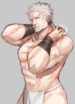  beard earrings facial_hair fundoshi granblue_fantasy grey_background haneten_kagatsu japanese_clothes jewelry looking_at_viewer male_focus manly muscle old_man ponytail sanbagarasu_otoko_uta solo soriz white_hair 