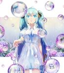  :o ahoge aqua_eyes aqua_hair arm_at_side blue_neckwear blue_ribbon blurry blush breasts bubble closed_umbrella cowboy_shot depth_of_field domik dress dripping eyelashes flower hair_ribbon hatsune_miku holding hydrangea long_hair looking_up neck_ribbon outside_border outstretched_hand puffy_short_sleeves puffy_sleeves rain reflection ribbon short_dress short_sleeves small_breasts solo sundress twintails umbrella very_long_hair vocaloid water_drop 