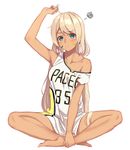  absurdres ahoge arm_up armpits bangs bare_arms bare_legs barefoot basketball_uniform blonde_hair blue_eyes blush breasts clothes_writing collarbone dark_skin earrings eyebrows eyebrows_visible_through_hair facepaint feather_earrings feathers frown full_body hand_on_ankle highres indian_style indiana_pacers indianapolis_(zhan_jian_shao_nyu) jewelry looking_at_viewer low_twintails medium_breasts national_basketball_association native_american no_pants off_shoulder parted_bangs pun simple_background sitting solo sportswear squiggle twintails white_background zhan_jian_shao_nyu zi_se 