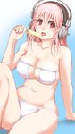  arm_support bangs bikini blue_background blush breasts cleavage collarbone deni_m eating eyebrows_visible_through_hair eyepatch_bikini food gradient gradient_background hair_between_eyes hand_up headphones highres hips holding holding_food knee_up large_breasts long_hair looking_at_viewer navel nitroplus open_mouth pink_hair popsicle red_eyes sideboob sitting skindentation solo straight_hair strapless strapless_bikini string_bikini super_sonico swimsuit underboob white_bikini 