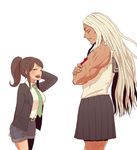  arm_behind_back asahina_aoi bangs black_jacket black_skirt brown_hair closed_eyes crossed_arms danganronpa danganronpa_1 danganronpa_3 dark_skin denim denim_shorts facing_another from_side green_neckwear hand_behind_head height_difference jacket long_hair long_sleeves multiple_girls muscle muscular_female necktie oogami_sakura open_mouth parted_bangs pleated_skirt ponytail profile scar school_uniform serafuku shirt shorts sidelocks simple_background skirt sleeveless sleeveless_shirt smile spoilers torn_clothes veins very_long_hair white_background white_hair zabuton_dorobou 