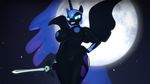  2016 3d_(artwork) anthro anthrofied armor big_breasts black_feathers blue_eyes blue_nipples breasts claws clothing cutie_mark digital_media_(artwork) equine feathered_wings feathers female friendship_is_magic gauntlets gloves glowing glowing_eyes hair helmet horn mammal melee_weapon moon my_little_pony navel night nightmare_moon_(mlp) nipples nude pussy slit_pupils smile solo source_filmmaker sparkles sword weapon wide_hips winged_unicorn wings yamimarik1994 