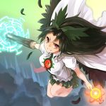  arm_cannon bad_id bad_twitter_id black_feathers black_hair black_wings bow breasts cape feathers flying green_skirt grin hair_bow highres legs_up light_trail long_hair looking_at_viewer medium_breasts nuqura powering_up red_eyes reiuji_utsuho shirt short_sleeves skirt smile solo thighs third_eye touhou tsurime weapon white_shirt wings 