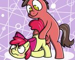  2016 abstract_background apple_bloom_(mlp) balls blush cub digital_media_(artwork) duo earth_pony equine erection female feral friendship_is_magic fur hair hair_bow hair_ribbon horse male male/female mammal my_little_pony penetration penis pokefound pony red_hair ribbons sex simple_background smile young 