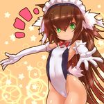  :3 alternate_costume bella_(sennen_sensou_aigis) bow bowtie breasts brown_hair cowboy_shot elbow_gloves gloves green_eyes highres leotard long_hair maid_headdress orange_background outstretched_arms sennen_sensou_aigis small_breasts solo spread_arms star starry_background tsukigami_chronica very_long_hair 