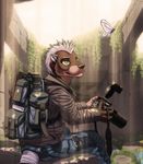  anthro arthropod backpack biped building butterfly butterfree camera clothed clothing coat detailed_background digital_media_(artwork) fighterjet flower hair insect male mammal mustelid nintendo otter outside plant pok&eacute;mon post-apocalyptic rope rubble ruins sitting smile solo video_games vines 