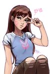  breasts brown_eyes brown_hair casual commentary d.va_(overwatch) denim earrings eyeshadow jeans jewelry lips long_hair makeup mike_nesbitt nail_polish overwatch pants shirt signature small_breasts solo t-shirt torn_clothes torn_jeans torn_pants v_over_eye whisker_markings 