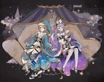  1girl blonde_hair blue_eyes brother_and_sister drill_hair granblue_fantasy hair_ribbon hat lavender_hair long_hair long_sleeves looking_at_viewer miyashita_miro morphe_(granblue_fantasy) nightcap pajamas purple_hair ribbon siblings staff tapir vetor_(granblue_fantasy) yellow_eyes 