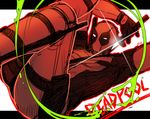  bodysuit character_name deadpool diffraction_spikes haneten_kagatsu katana looking_at_viewer male_focus marvel mask muscle solo superhero sword weapon 