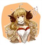  ? ahoge anila_(granblue_fantasy) ao_(aocooler) bangs blonde_hair blunt_bangs breasts brown_eyes draph eyebrows eyebrows_visible_through_hair granblue_fantasy horns large_breasts long_hair looking_at_viewer outline parted_lips sheep_horns short_eyebrows simple_background solo thick_eyebrows translation_request twitter_username upper_body wavy_hair white_background 