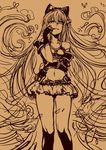  ao_(aocooler) armor bangs bow breasts brown_background cleavage granblue_fantasy grin groin hair_bow hand_to_own_mouth long_hair microskirt monochrome navel simple_background sketch skirt small_breasts smile solo very_long_hair vira_lilie 