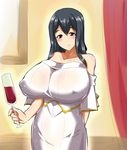  1girl bare_shoulders black_eyes black_hair blush breasts dress erect_nipples female glass highres huge_breasts long_hair looking_at_viewer milf no_bra original see-through solo standing willyway wine 