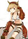  :o alternate_costume animal_print ao_(aocooler) belt bikini blonde_hair boots border breasts brown_eyes cleavage djeeta_(granblue_fantasy) fake_horns front-tie_top gauntlets granblue_fantasy groin hairband hand_in_hair heavy_breathing horns looking_away looking_to_the_side medium_breasts ogre_(granblue_fantasy) open_mouth short_hair simple_background sitting solo sweat swimsuit thigh_strap white_background zebra_print 