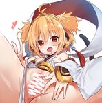  ahoge andira_(granblue_fantasy) blonde_hair blush breasts censored erune granblue_fantasy heart looking_at_viewer monkey_tail open_mouth pussy pussy_juice red_eyes sawayaka_samehada short_hair simple_background small_breasts solo spread_legs spread_pussy tail two_side_up white_background 