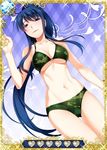  bikini blue_eyes blue_hair breasts card_(medium) cleavage collarbone green_bikini grisaia_(series) grisaia_no_kajitsu groin kusakabe_asako large_breasts long_hair looking_at_viewer navel solo swimsuit underboob 