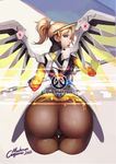  ass autographed bodysuit gorgeous_mushroom mercy_(overwatch) overwatch torn_clothes weapon wings 