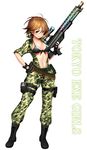  ammunition_belt belt bikini black_bikini black_bikini_top boots brown_hair camouflage camouflage_pants center_opening commentary_request covered_nipples fingerless_gloves front-tie_top full_body gloves green_eyes gun hand_on_hip highres holster ichigaya_ayane jumpsuit looking_at_viewer navel open_clothes open_shirt pants rifle scope shimashima08123 shirt short_hair smile sniper_rifle solo swimsuit thigh_holster tokyo_exe_girls trigger_discipline weapon 