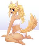  :d animal_ears arm_support ass_cutout barefoot blonde_hair blue_eyes cat_cutout cat_ear_panties cat_lingerie dark_skin eyebrows eyebrows_visible_through_hair facial_mark fangs full_body iwbitu-sa liru long_hair looking_at_viewer looking_back meme_attire open_mouth panties ponytail renkin_san-kyuu_magical_pokaan sidelocks simple_background sitting smile solo tail tail_slit_clothes underwear wariza whisker_markings wolf_ears wolf_girl wolf_tail 