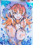  blush breasts covered_nipples hat highres huge_breasts kusanagi_tonbo looking_at_viewer mitsuru-kun(kusanagi_tonbo) nipples one_eye_closed open_mouth original partially_submerged pink_eyes pink_hair see-through smile solo splashing traditional_media water watercolor_(medium) wet wet_clothes 