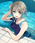  bad_id bad_twitter_id bare_shoulders blue_eyes blush breasts brown_hair competition_swimsuit goggles goggles_removed highres in_swimsuit large_breasts looking_at_viewer love_live! love_live!_sunshine!! onbr one-piece_swimsuit open_mouth partially_submerged pool poolside short_hair smile solo swimsuit watanabe_you 