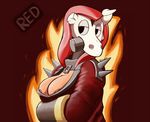  breasts clothing female gloves humanoid mask nipple_slip nipples not_furry pyro_(team_fortress_2) red_background renabu simple_background skull solo team_fortress_2 valve video_games 