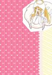  barefoot blonde_hair breasts chibi chin_rest cleavage cloak cloud dress fine_(symphogear) floating floating_object from_above halo heart hime_cut hood hooded_cloak hottate jewelry large_breasts long_hair long_sleeves looking_down md5_mismatch necklace patterned_background senki_zesshou_symphogear solo striped striped_background striped_dress very_long_hair white_dress wide_sleeves yellow_eyes 