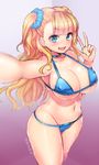  artist_name bangs bikini blonde_hair blue_bikini blue_eyes blunt_bangs blurry blush breasts choker cleavage collarbone covered_nipples depth_of_field doyouwantto earrings galko hair_ornament hair_scrunchie halter_top halterneck heart jewelry large_breasts long_hair looking_at_viewer navel open_mouth oshiete!_galko-chan reaching_out scrunchie self_shot shiny shiny_skin simple_background smile solo standing string_bikini swimsuit teeth v 