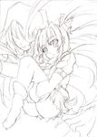  arm_belt artist_request boots cloak coat dress fine_(symphogear) greyscale hair_ribbon hood hooded_cloak jewelry legs_grab legs_up long_hair looking_at_viewer monochrome multiple_girls necklace no_eyes pleated_dress ribbon scarf senki_zesshou_symphogear sketch source_request spoilers tsukuyomi_shirabe twintails white_background winter_clothes winter_coat 