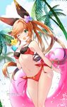  ;d alternate_costume arm_at_side armpits bikini black_bikini bow breasts clarisse_(granblue_fantasy) colored_eyelashes dutch_angle flower granblue_fantasy green_eyes hair_between_eyes hair_bow hair_flower hair_ornament hair_ribbon hayama_eishi innertube juice lifebuoy long_hair looking_at_viewer medium_breasts navel one_eye_closed open_mouth ponytail red_bikini ribbon side-tie_bikini smile solo stomach swimsuit 