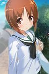  akiyama_yukari black_eyes black_hair blush brown_eyes brown_hair female_pov girls_und_panzer groping highres looking_at_viewer multiple_girls nishizumi_miho ooarai_school_uniform peeking_out pov school_uniform serafuku short_hair solo_focus when_you_see_it yamacchi yuri 