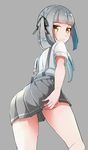  back comah embarrassed grey_hair hand_on_own_thigh kantai_collection kasumi_(kantai_collection) long_hair looking_back school_uniform shirt short_sleeves side_ponytail silver_hair skirt solo suspender_skirt suspenders wavy_mouth white_shirt yellow_eyes 