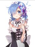  alternate_hairstyle apron black_bow blue_eyes blue_hair blush bow breasts cleavage closed_mouth detached_sleeves dress eyelashes flying_sweatdrops frills hair_ornament hair_over_one_eye hair_ribbon hair_up hairband issign looking_at_viewer low_twintails maid medium_breasts re:zero_kara_hajimeru_isekai_seikatsu rem_(re:zero) ribbon short_hair short_twintails simple_background sketch solo twintails upper_body wavy_mouth white_apron white_background white_bow x_hair_ornament 
