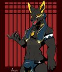  2016 abs anixis anubian_jackal armband bulge canine clothed clothing collar ear_piercing headdress heterochormia jackal jewelry male mammal muscular navel necklace open_mouth pecs piercing skimpy solo teeth 