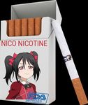  1girl black_hair cigarette love_live! love_live!_school_idol_project pun red_eyes simple_background smile twintails yazawa_nico 