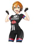  alternate_costume arms_up biker_clothes bikesuit headphones highres hoshizora_rin looking_at_viewer love_live! love_live!_school_idol_project microphone open_mouth orange_hair short_hair solo takuwanko yellow_eyes 