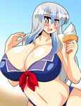  adapted_costume akasode_(tyaramu) bikini blue_hair blush breasts cleavage food food_on_body gigantic_breasts highres ice_cream ice_cream_cone kamishirasawa_keine long_hair looking_at_viewer multicolored_hair navel open_mouth red_eyes silver_hair smile soft_serve solo suggestive_fluid swimsuit touhou two-tone_hair 
