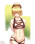  alternate_costume arms_behind_back bangs bikini black_bikini blonde_hair breasts brown_eyes cross-laced_clothes dated hair_ribbon kurodani_yamame looking_down multi-strapped_bikini navel nervous orange_eyes ponytail ribbon short_hair sketch small_breasts solo swimsuit taikyokuturugi touhou twitter_username 