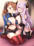  3: :d after_paizuri beatrix_(granblue_fantasy) belt black_gloves black_legwear blush braid breasts brown_hair closed_mouth cum cum_on_body cum_on_breasts cum_on_upper_body draph elbow_gloves fingerless_gloves gloves granblue_fantasy hair_ornament hair_over_one_eye hairpin highres horns indoors kneeling large_breasts long_hair looking_at_viewer multiple_girls narmaya_(granblue_fantasy) navel no_shoes open_mouth pointy_ears ponytail purple_eyes purple_hair red_legwear seiza shorts sidelocks sitting smile thighhighs uni8 very_long_hair yellow_eyes 