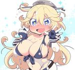  blonde_hair blue_eyes blush breasts cleavage commentary_request elbow_gloves fang fingerless_gloves gloves hair_between_eyes headgear iowa_(kantai_collection) kantai_collection large_breasts long_hair navel open_mouth solo star star-shaped_pupils symbol-shaped_pupils torn_clothes tsukko_(3ki2ne10) twitter_username 