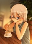  bare_shoulders blonde_hair blue_eyes chair chin_rest coffee cup glasses hair_ornament hairclip highres looking_at_viewer original sakais3211 semi-rimless_eyewear solo stirring table 