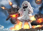  ahoge astrot_(zwd4310100) covered_mouth dress enemy_aircraft_(kantai_collection) firing highres horns kantai_collection long_hair machinery mittens northern_ocean_hime red_eyes shinkaisei-kan turret white_dress white_hair white_skin 