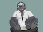  anthro ape barefoot blush dialogue front_view gorilla headphones kaptcha legs_up looking_at_viewer male mammal open_mouth overwatch prehensile_feet primate sitting solo spread_legs spreading video_games winston winston_(overwatch) 