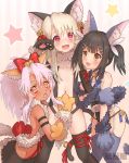  3girls animal_ears arm_hug arm_strap artist_request bangs bell bell_collar black_gloves black_hair black_legwear black_leotard black_skirt blue_ribbon blush bow breasts brown_eyes cat_ears cat_tail center_opening chloe_von_einzbern collar crop_top dark_skin fang fate/kaleid_liner_prisma_illya fate_(series) feathers fur_collar fur_trim garter_straps gloves grey_gloves grey_legwear hair_bell hair_bow hair_feathers hair_ornament hairclip heart heart-shaped_pupils hips illyasviel_von_einzbern jingle_bell kneeling leg_hug leotard long_hair looking_at_viewer miyu_edelfelt multiple_girls navel open_mouth orange_eyes paws pink_hair ponytail red_bow red_eyes red_ribbon ribbon sidelocks skirt small_breasts smile symbol-shaped_pupils tail tan thighhighs thighs white_hair 