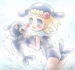  :d animal_costume animal_hat blonde_hair blue_eyes cosplay eureka_(pokemon) gen_7_pokemon hair_ornament hat holding_hands open_mouth pokemon pokemon_(anime) pokemon_(creature) pokemon_xy_(anime) popplio popplio_(cosplay) porocha smile splashing water 